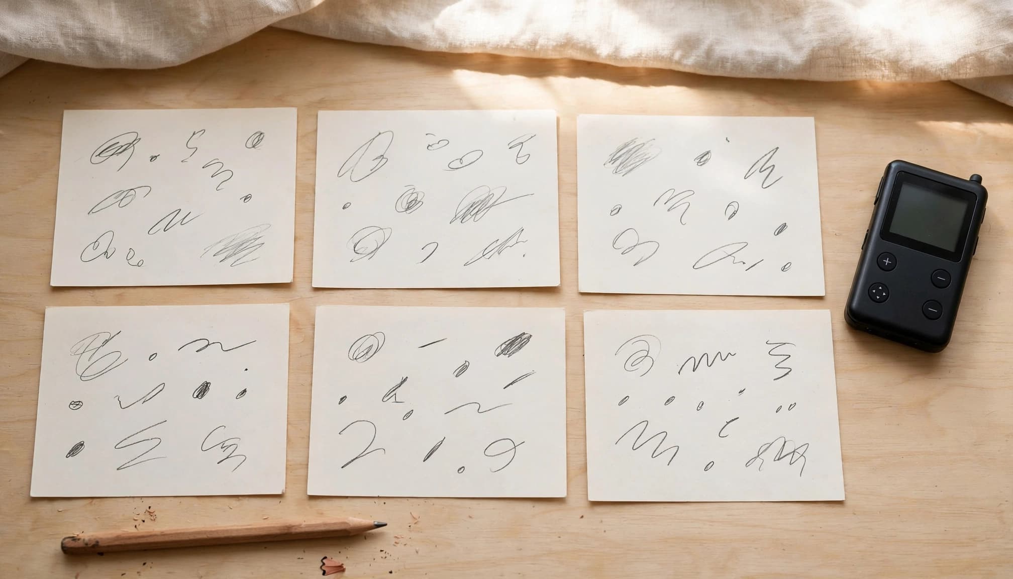 Blank study cards, a pencil, and a compact audio player rest on a bright table.
