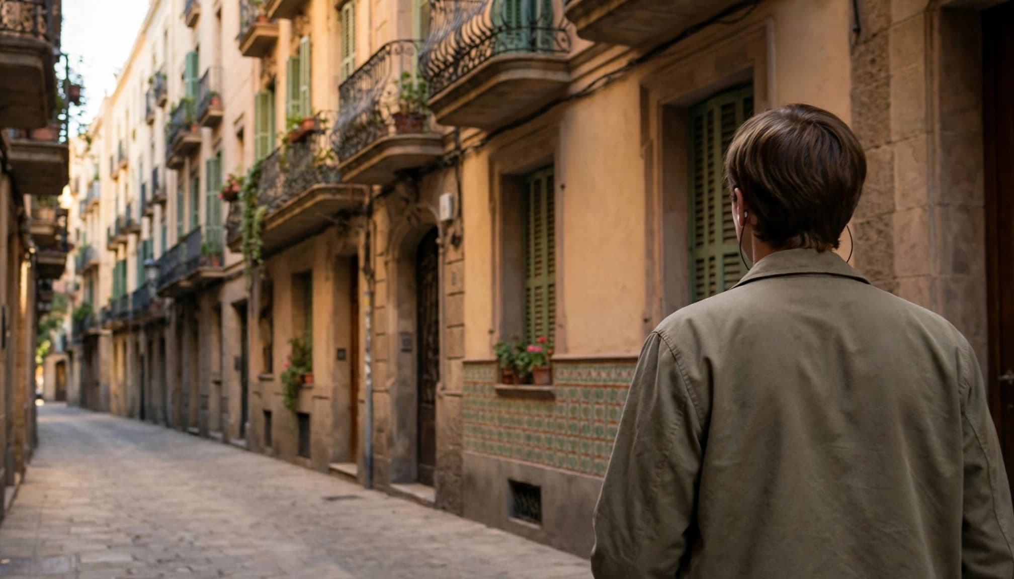 Best Catalan Learning Apps for English Speakers in 2026 3 One person walks a sunny Barcelona street wearing a jacket and earbuds.