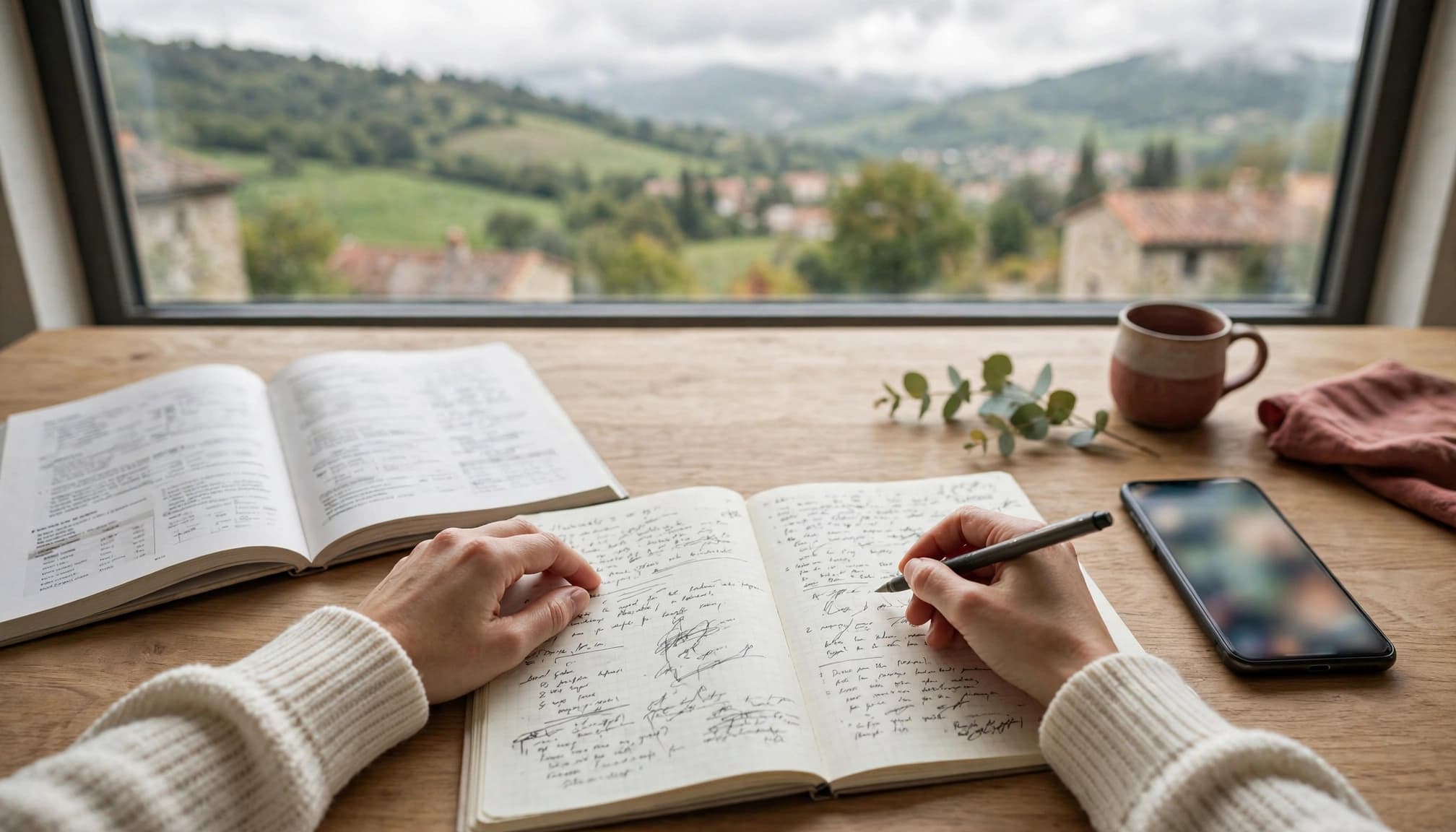 Adult learner studying Basque with a grammar book, notes, and smartphone by a bright window.