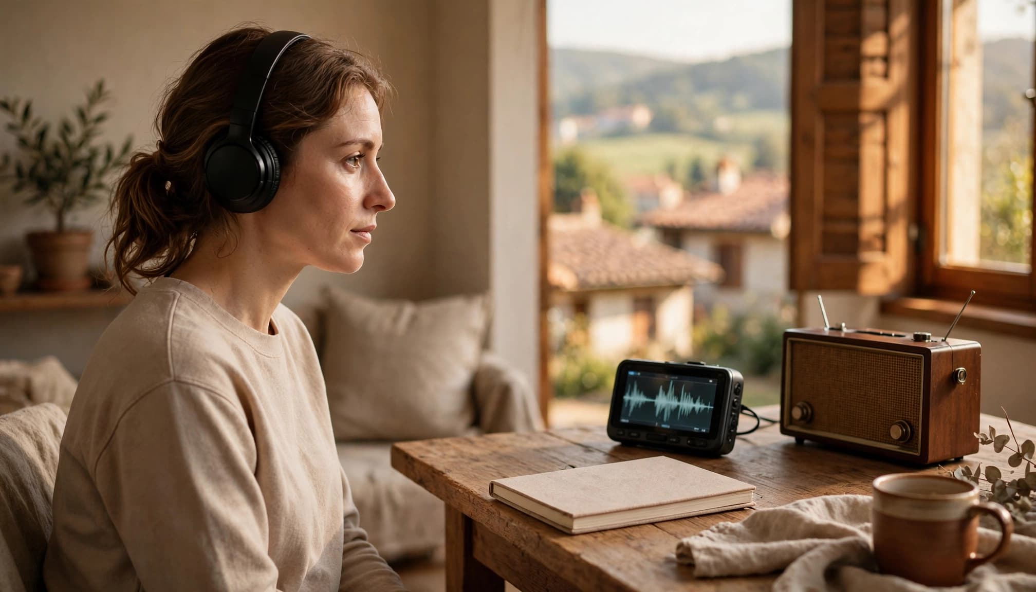 Adult learner with headphones beside a notebook, radio, and audio device.