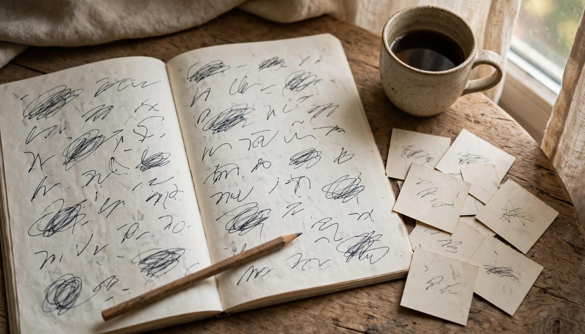 An open practice notebook, pencil, vocabulary cards, and coffee sit on a wooden table by a window.