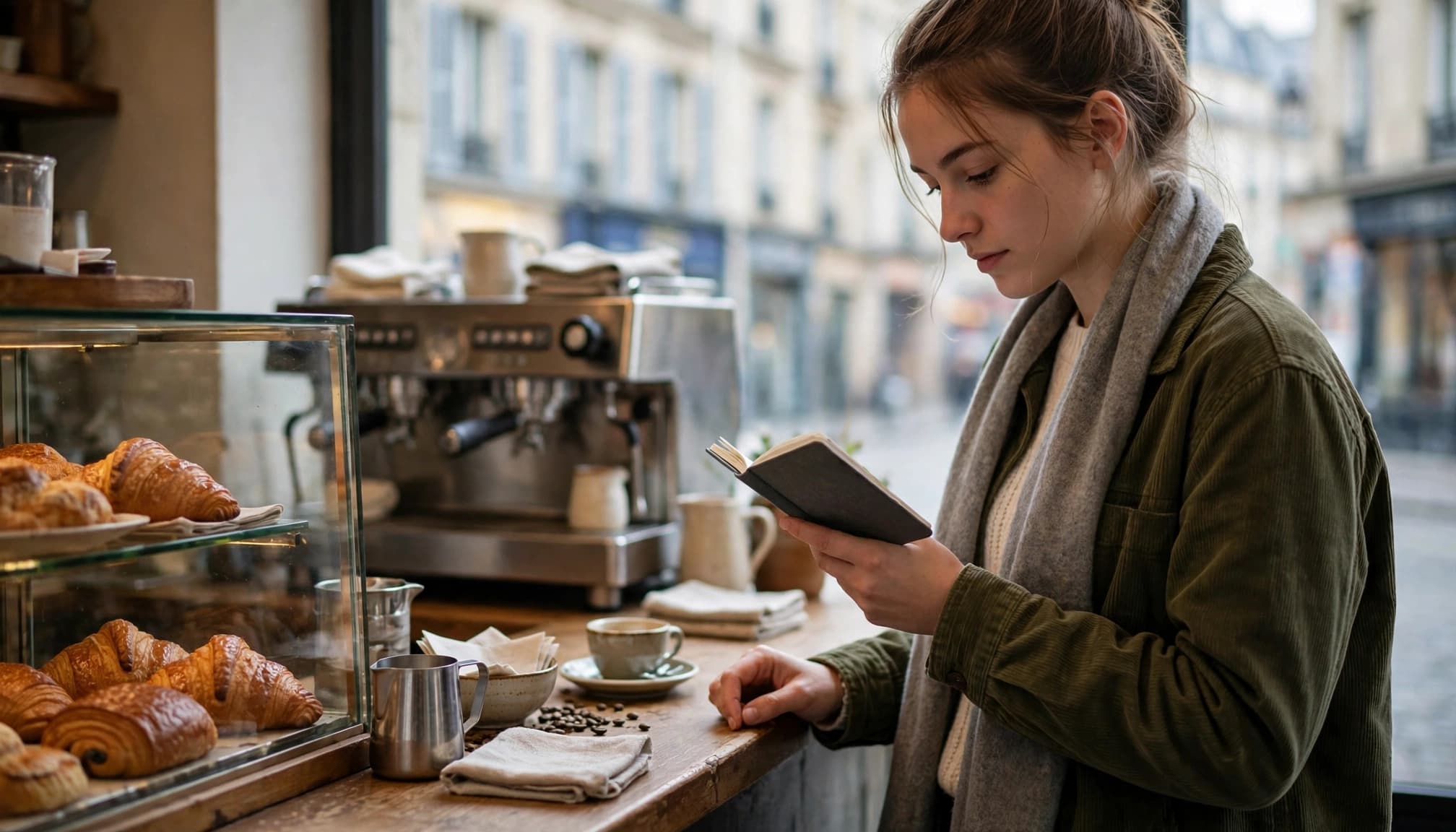 A learner checks a phrase notebook at a café counter.