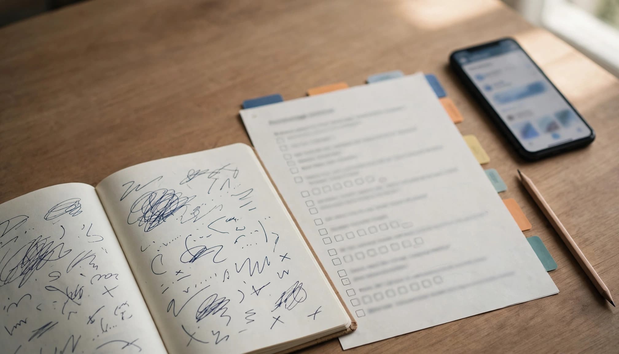 Cambridge English Exam Prep Apps for 2026: Which Fits Your Exam? 2 A notebook, practice worksheet, colored tabs, pencil, and phone arranged on a library table.
