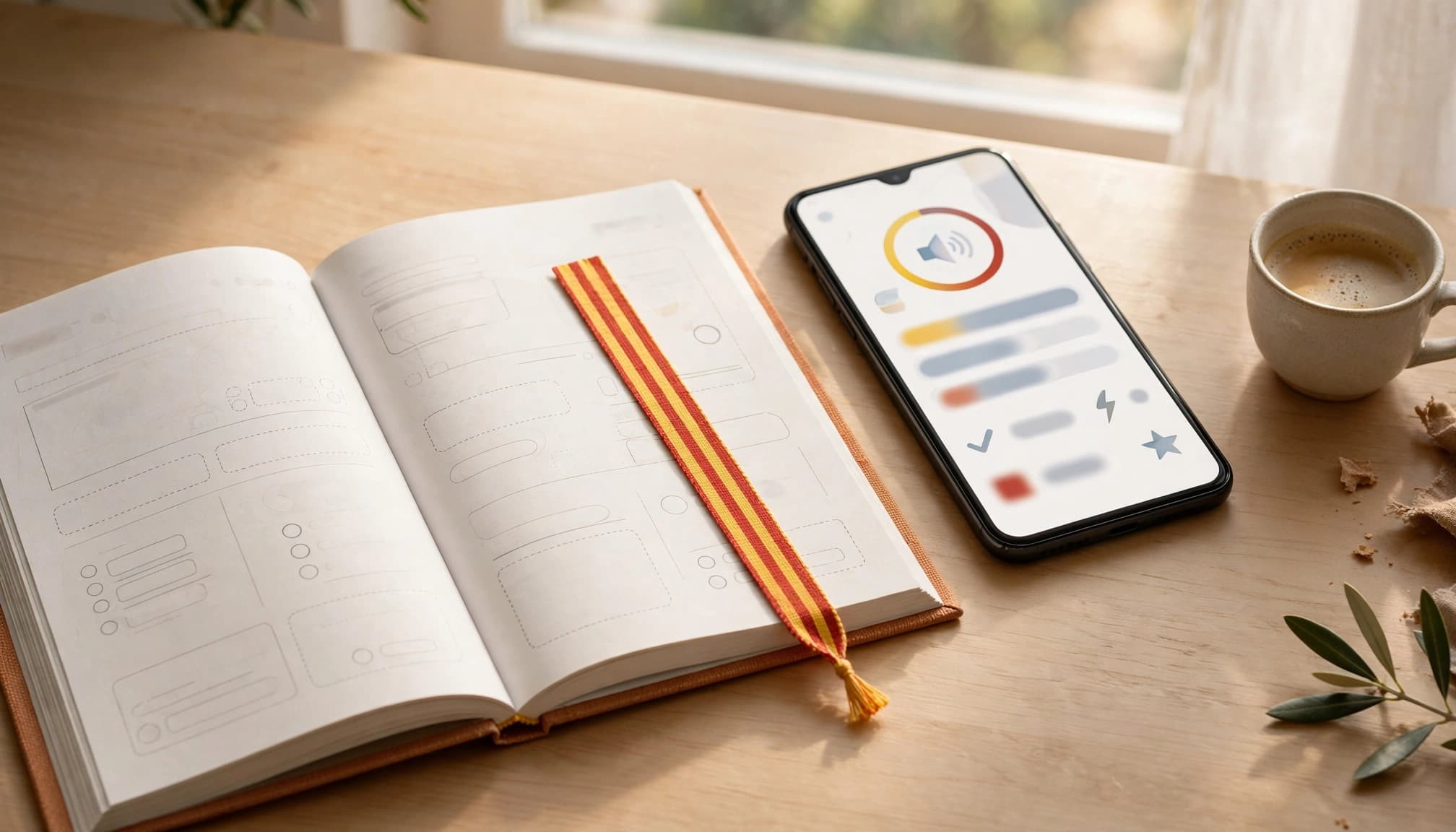 Best Catalan Learning Apps for English Speakers in 2026 2 An open Catalan workbook, smartphone, coffee cup, and striped bookmark on a bright study table.