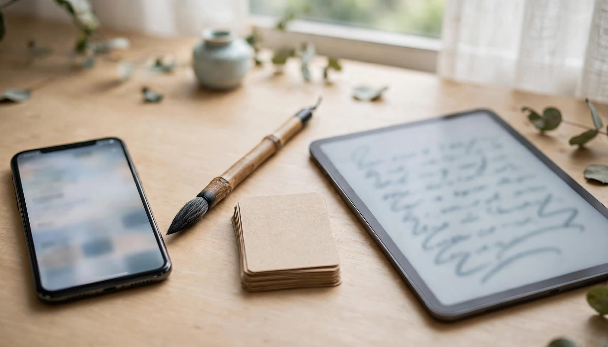 Phone, ink brush, study cards, and tablet arranged on a desk by a window.