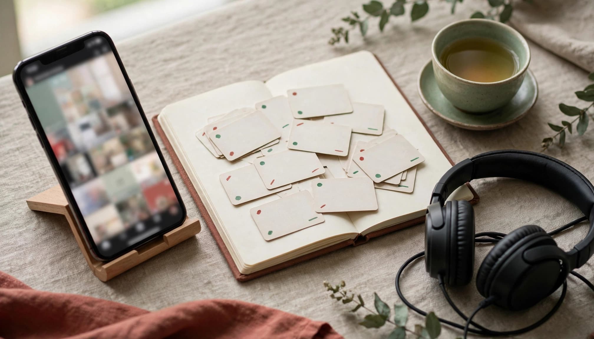 Best Chinese Slang Apps for Informal Speech in 2026 3 A smartphone, blank vocabulary cards, tea, and headphones arranged on a study table.
