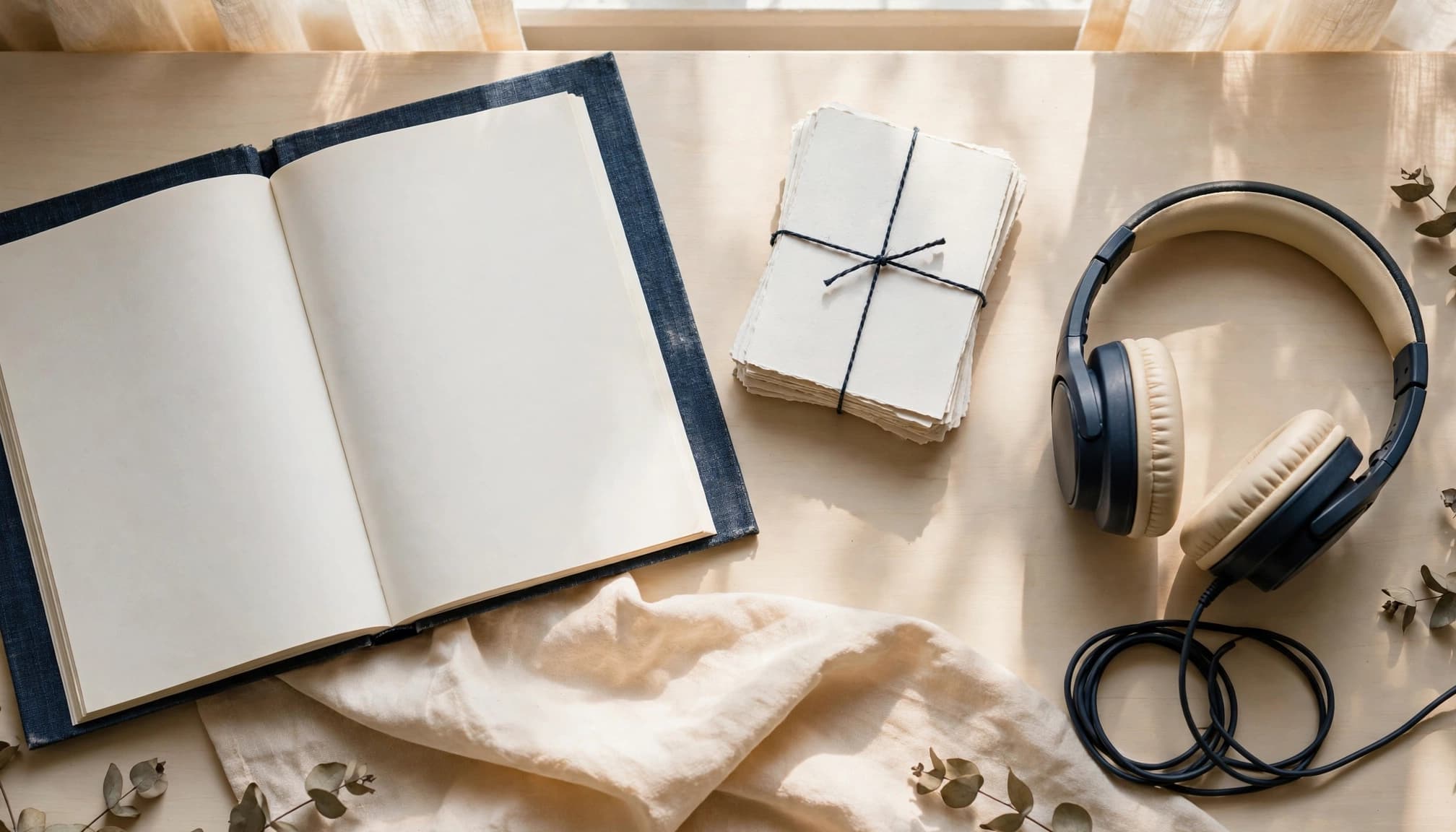 An open textbook, handwritten cards, and headphones arranged on a wooden table.