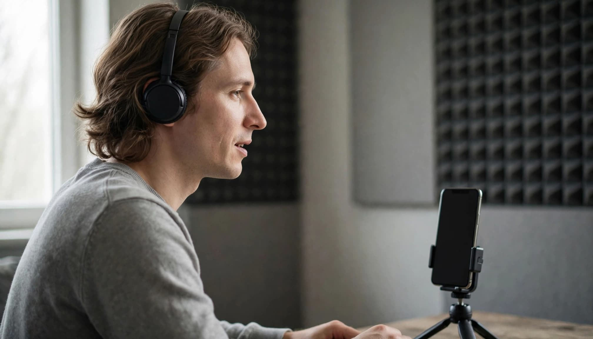 A learner speaks toward a smartphone in a quiet room with acoustic panels.