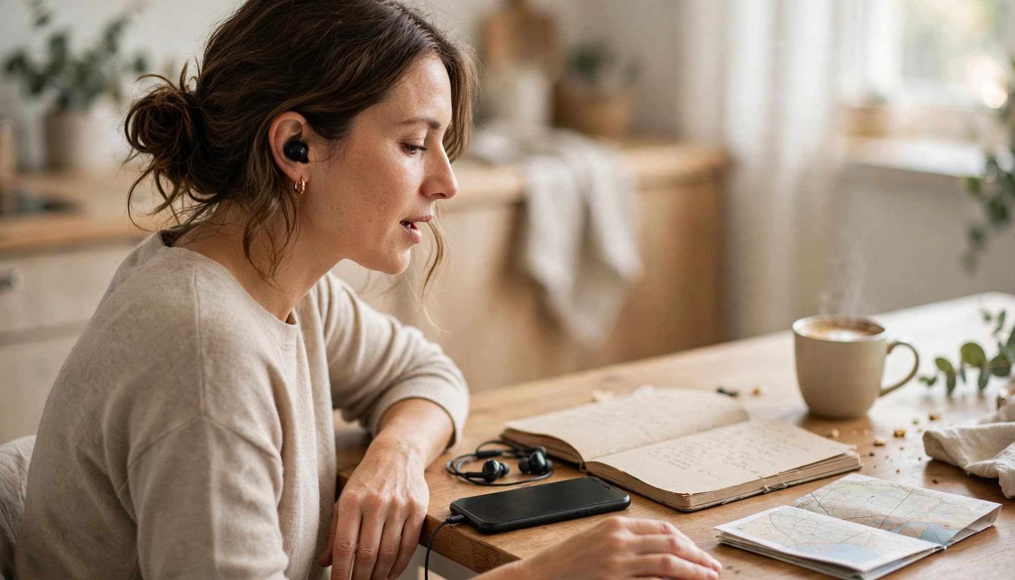 uTalk Review 2026: Is Practical Phrase Practice Worth Paying For? 2 A language learner practices with a phone, earbuds, coffee, and notebook at a sunny kitchen table.