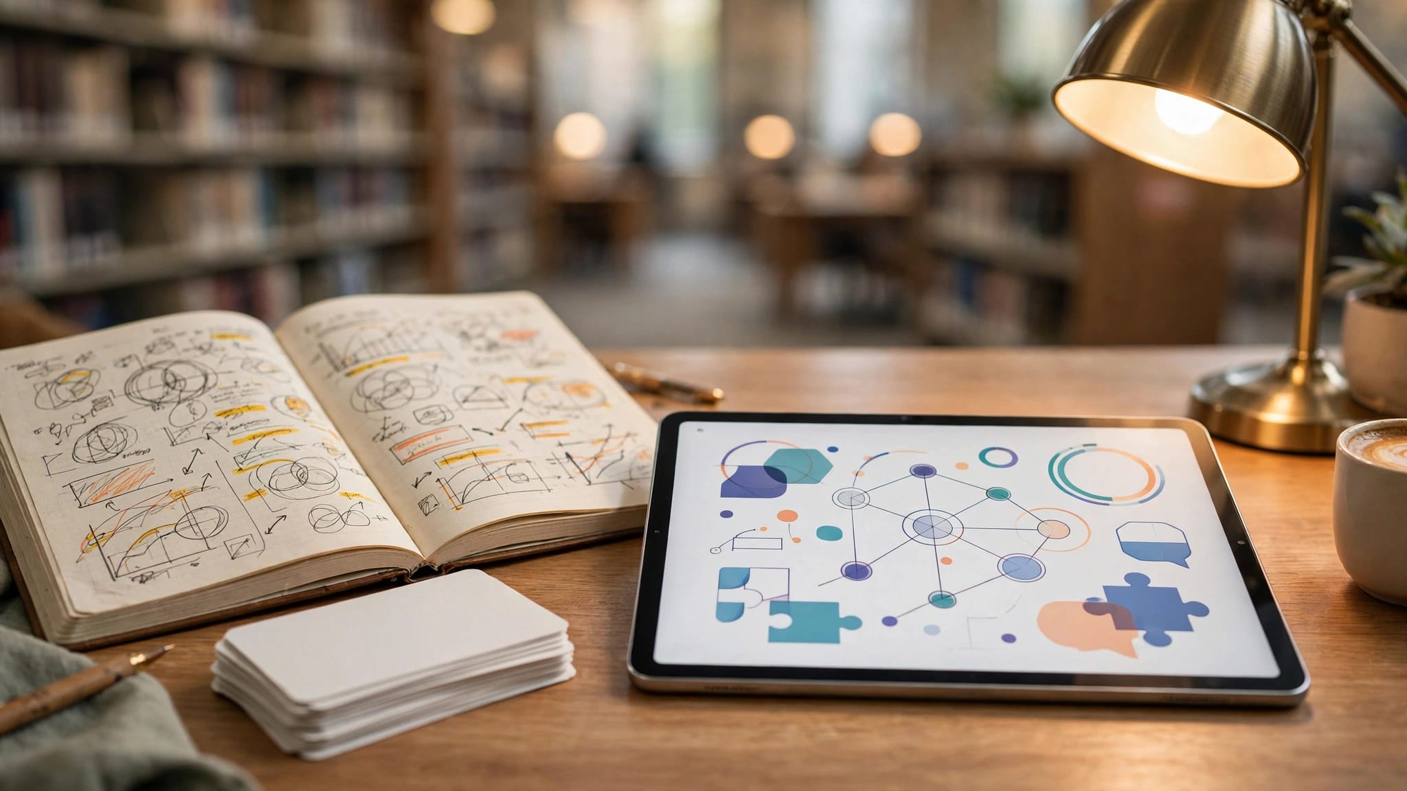 A tablet, open journal, marked-up papers, and blank flashcards on a warmly lit desk.