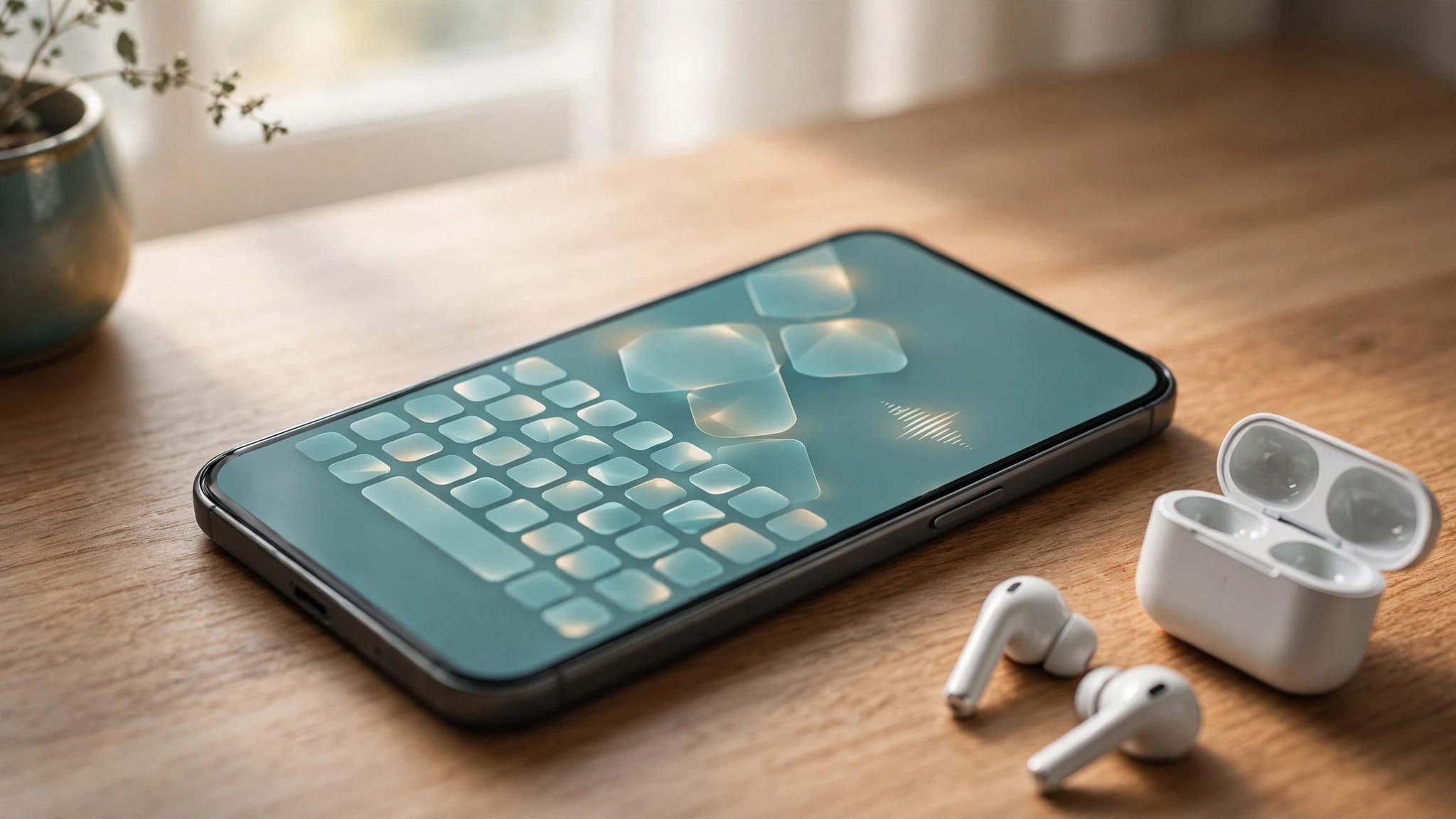A smartphone with glowing keyboard keys and an audio icon sits beside earbuds.
