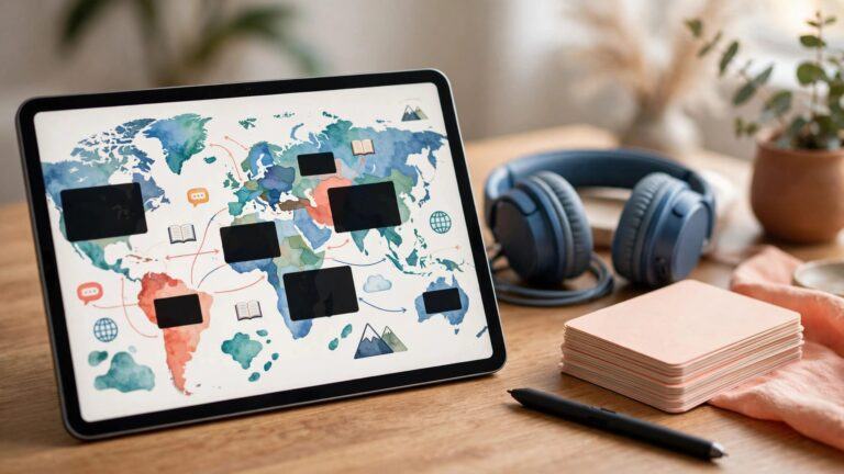 A tablet shows a masked language diagram beside a stylus, headphones, and study cards.