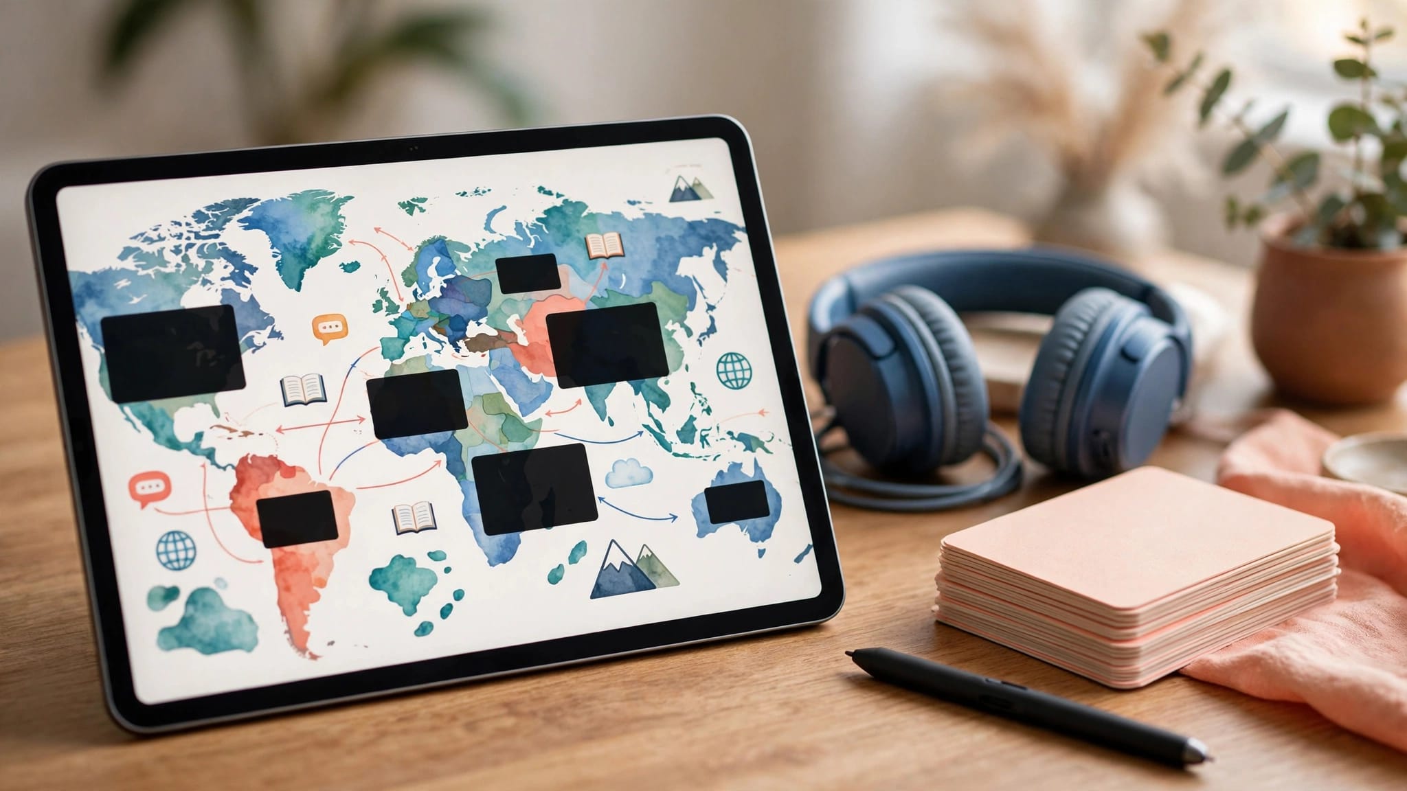 A tablet shows a masked language diagram beside a stylus, headphones, and study cards.