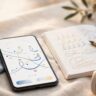 A smartphone and workbook arranged on a warm, tidy desk.