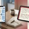 A smartphone and tablet display contrasting language reading apps beside coffee and a notebook.