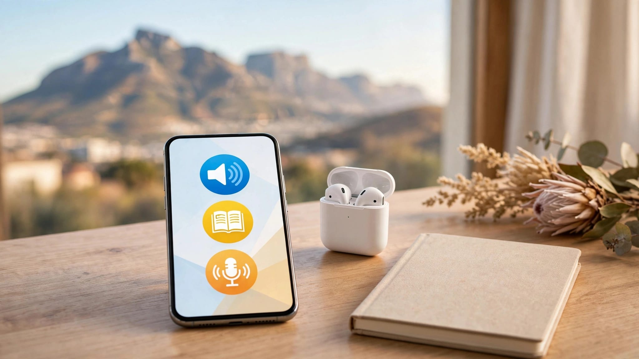 A smartphone with earbuds and a blank notebook sits on a sunny desk near Table Mountain.