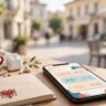 A smartphone with a language app sits beside a notebook, earbuds, and coffee.