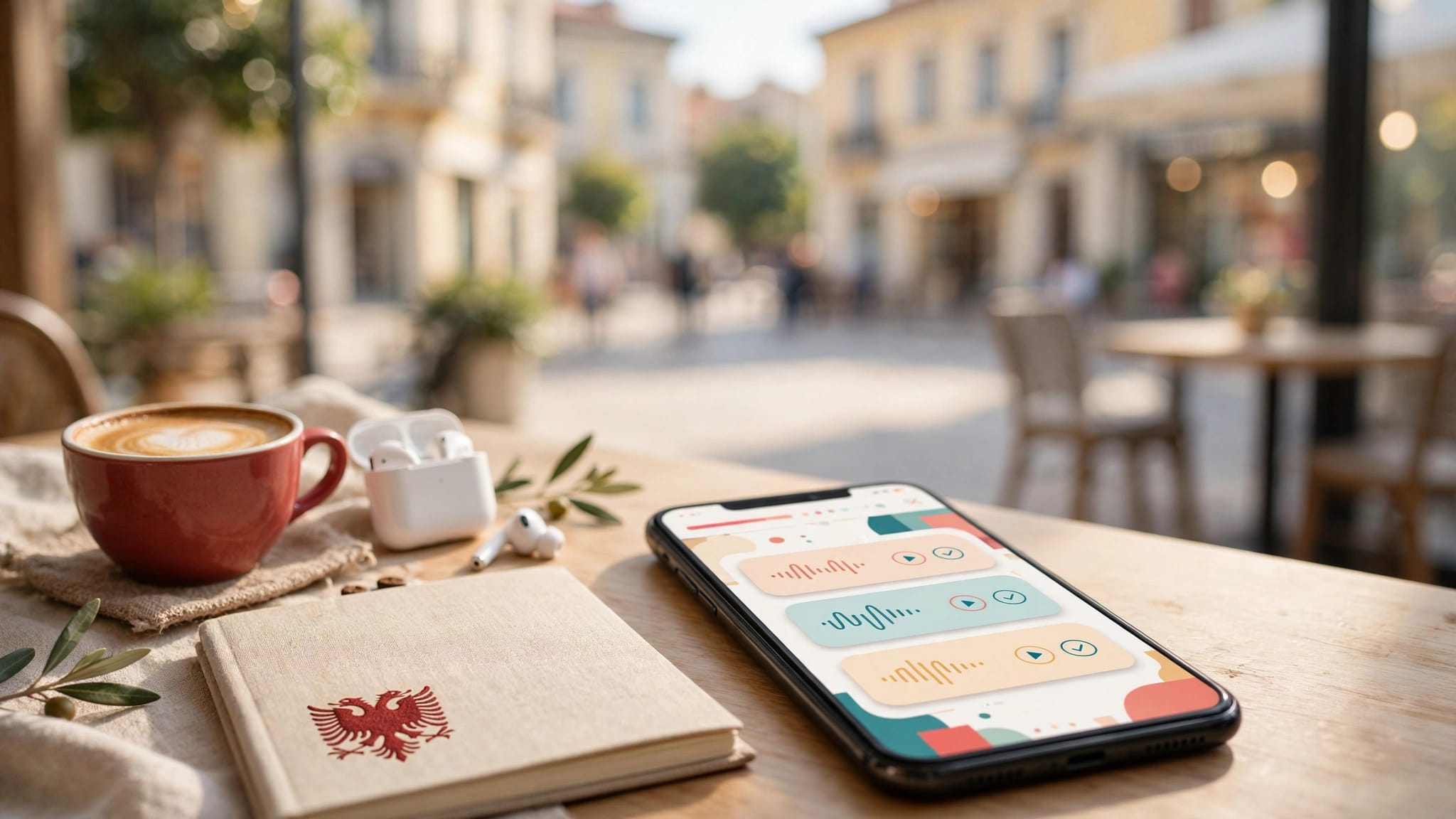 A smartphone with a language app sits beside a notebook, earbuds, and coffee.