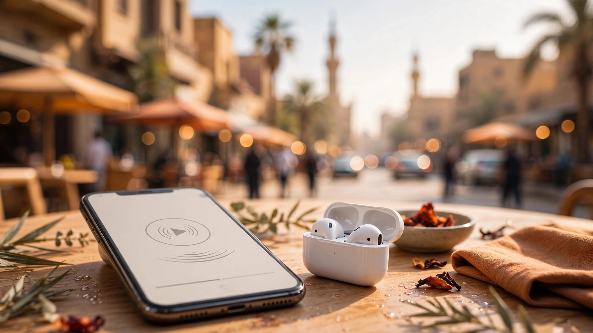 A smartphone and wireless earbuds on a sunny café table with Cairo streets blurred behind them.