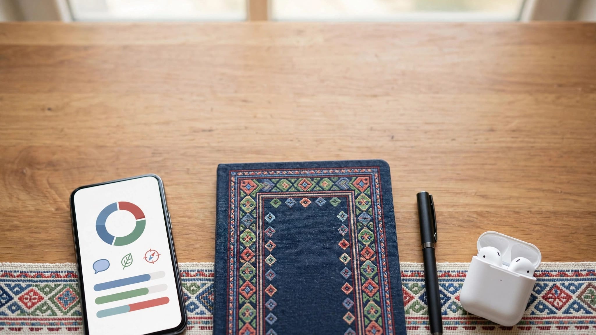 A phone with a language lesson sits beside a notebook, pen, and earbuds.