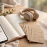 A smartphone, Basque study materials, headphones, and vocabulary cards on a warm desk.