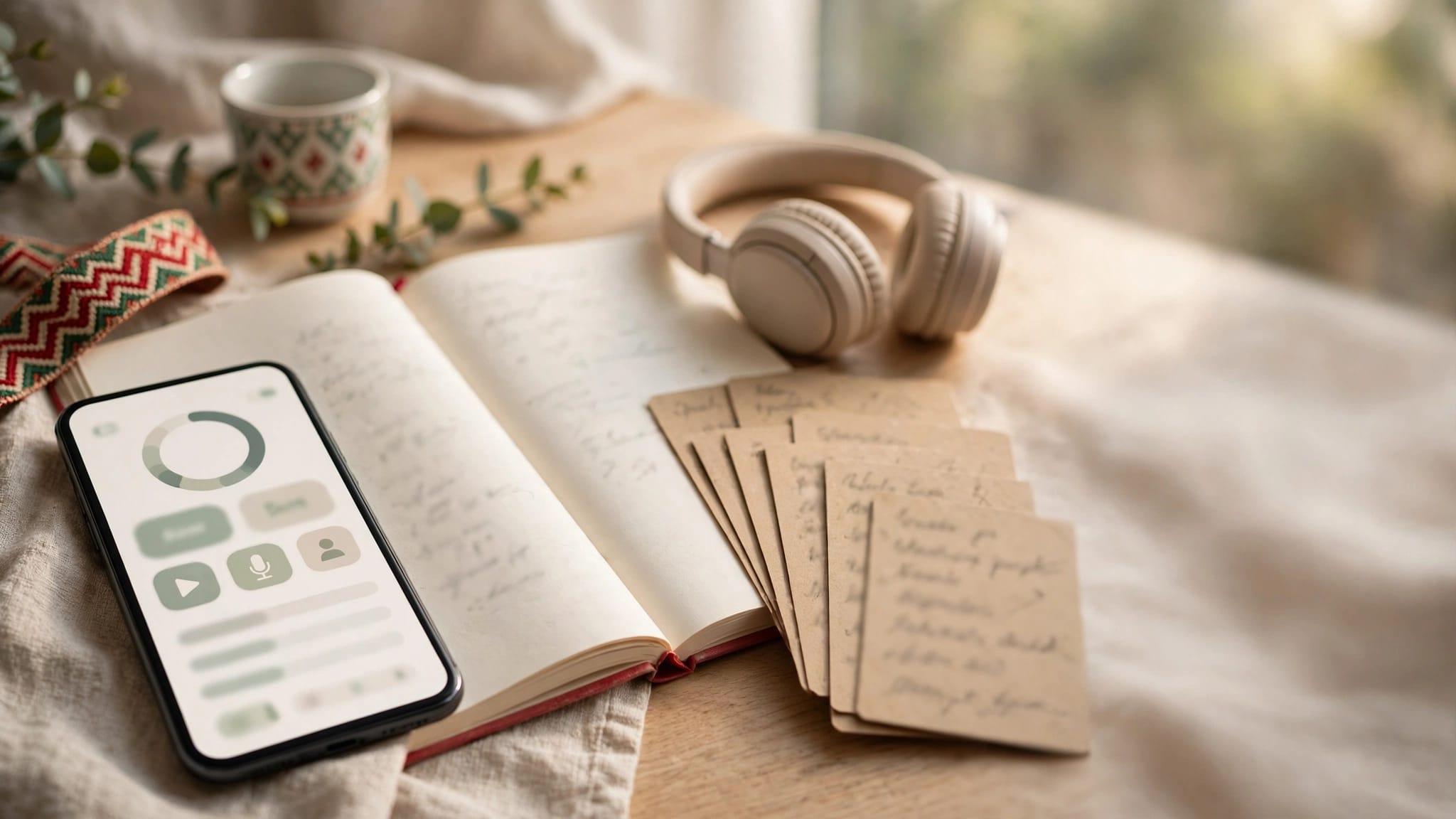 A smartphone, Basque study materials, headphones, and vocabulary cards on a warm desk.
