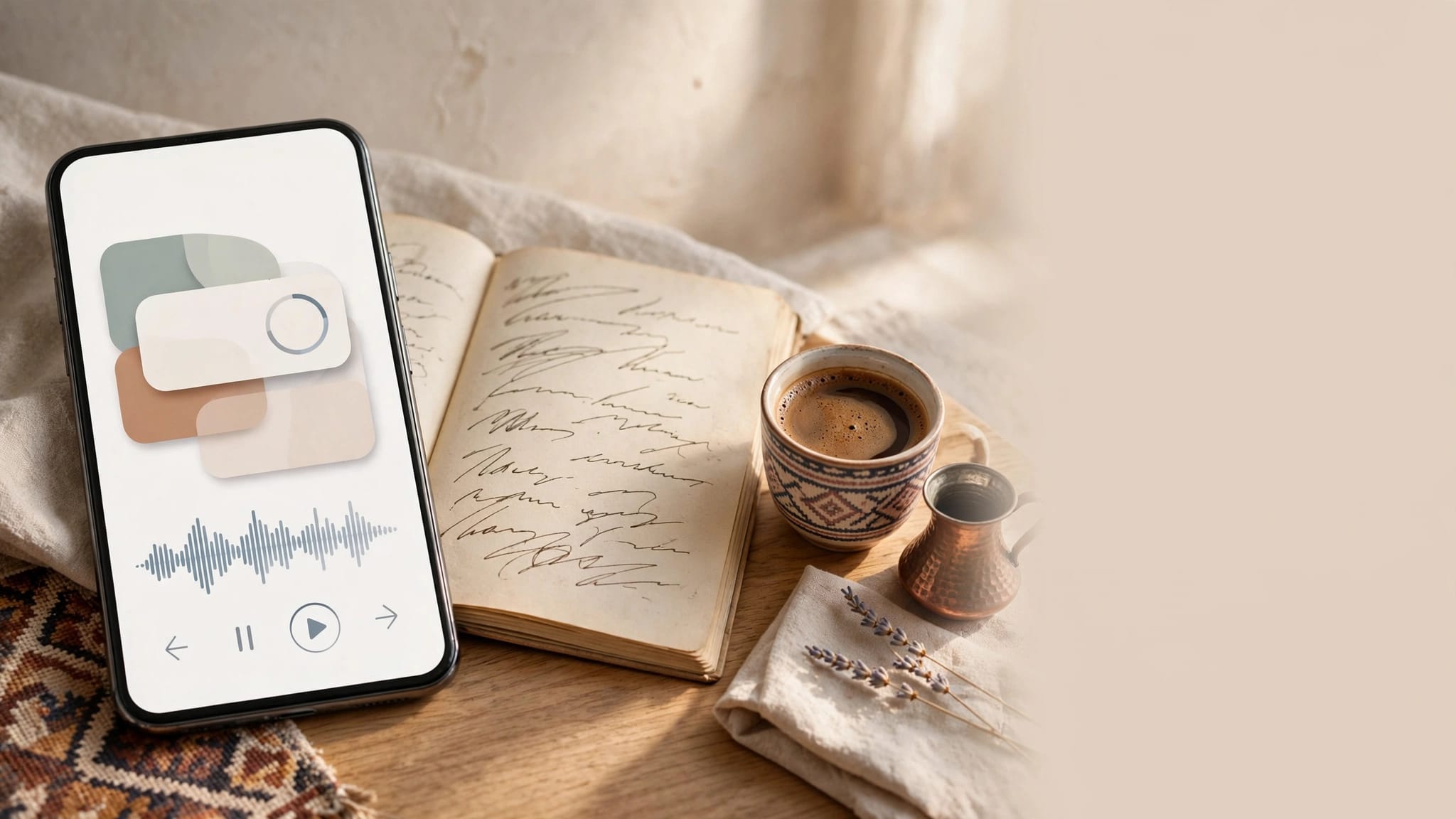 A phone, open notebook, and cup of Bosnian coffee sit on a sunlit desk.