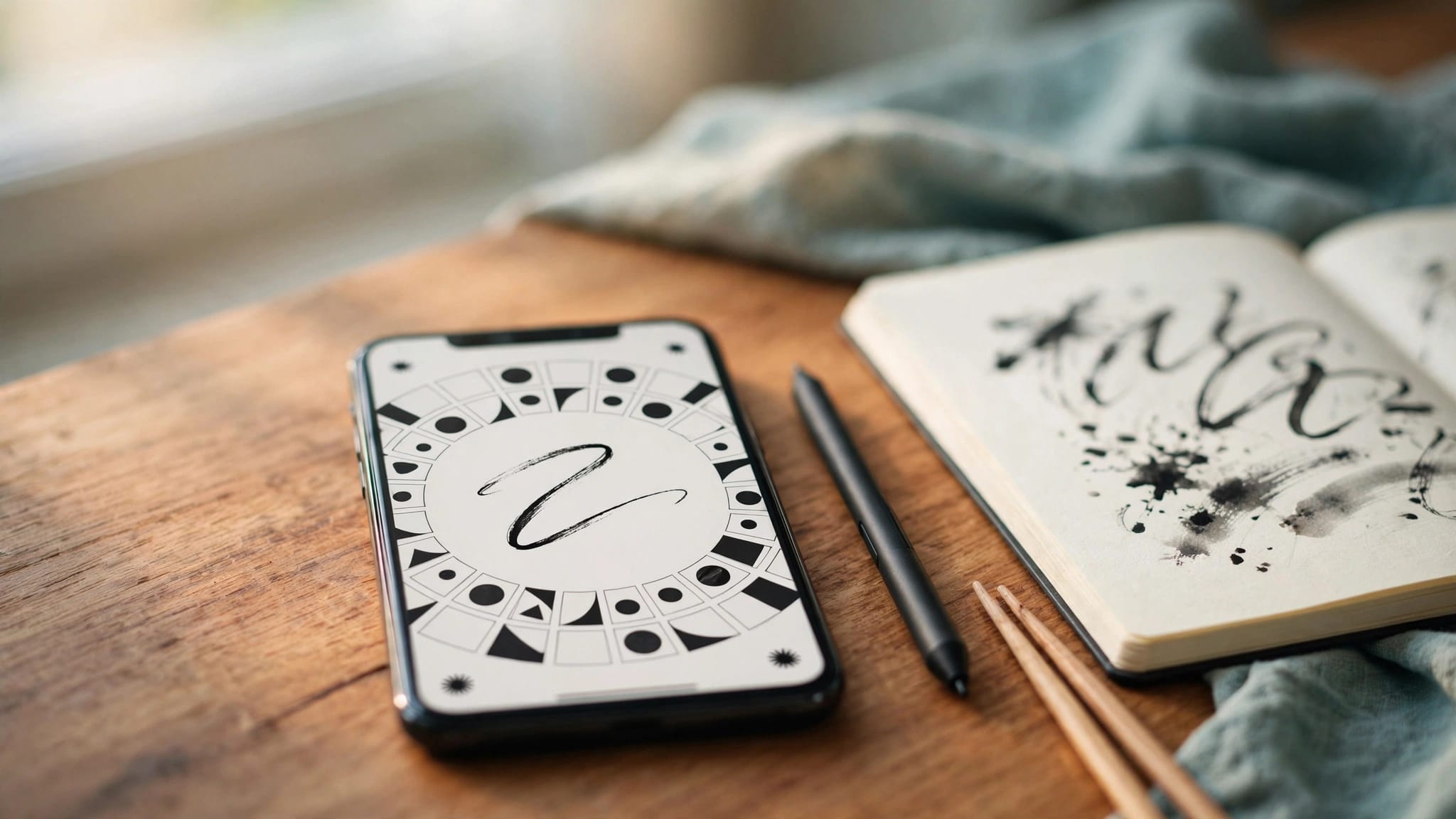 A phone shows a Chinese radical app beside a stylus, notebook, and chopsticks.