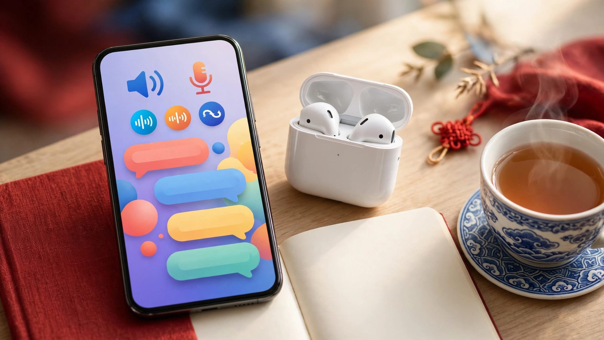 A smartphone with language icons, earbuds, a blank notebook, and tea on a desk.