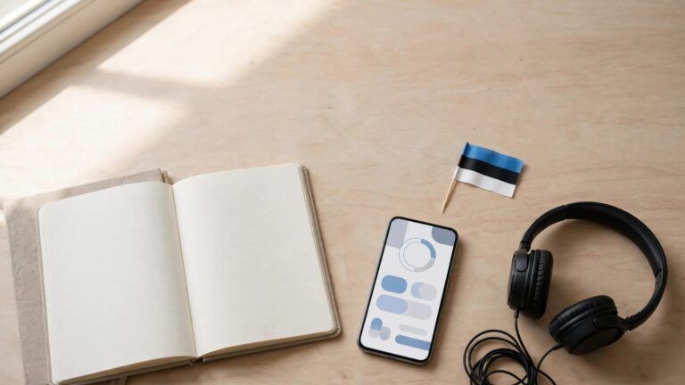 A phone, open notebook, and headphones sit beside a small Estonian flag.