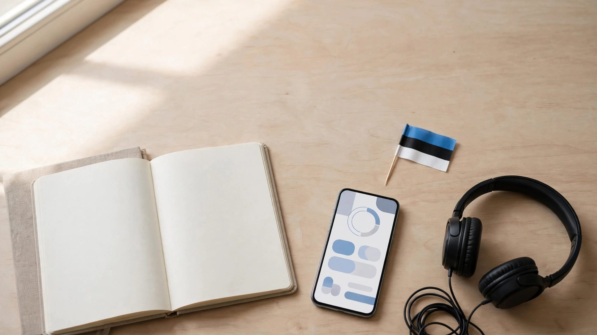 A phone, open notebook, and headphones sit beside a small Estonian flag.