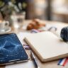 A smartphone with an audio waveform beside headphones and French study materials.