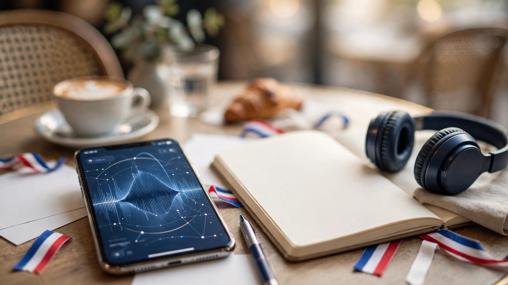 A smartphone with an audio waveform beside headphones and French study materials.