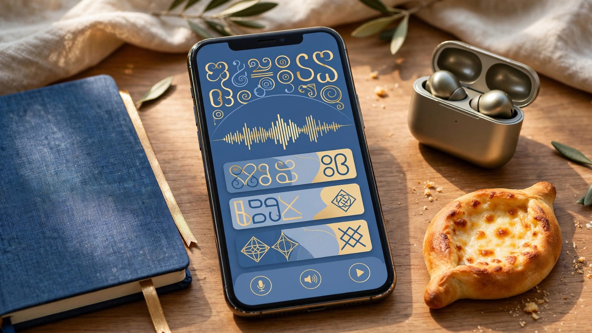 Smartphone showing a language app beside earbuds, a notebook, and khachapuri.