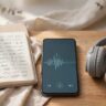 A notebook, smartphone with a waveform, and headphones arranged on a wooden desk.