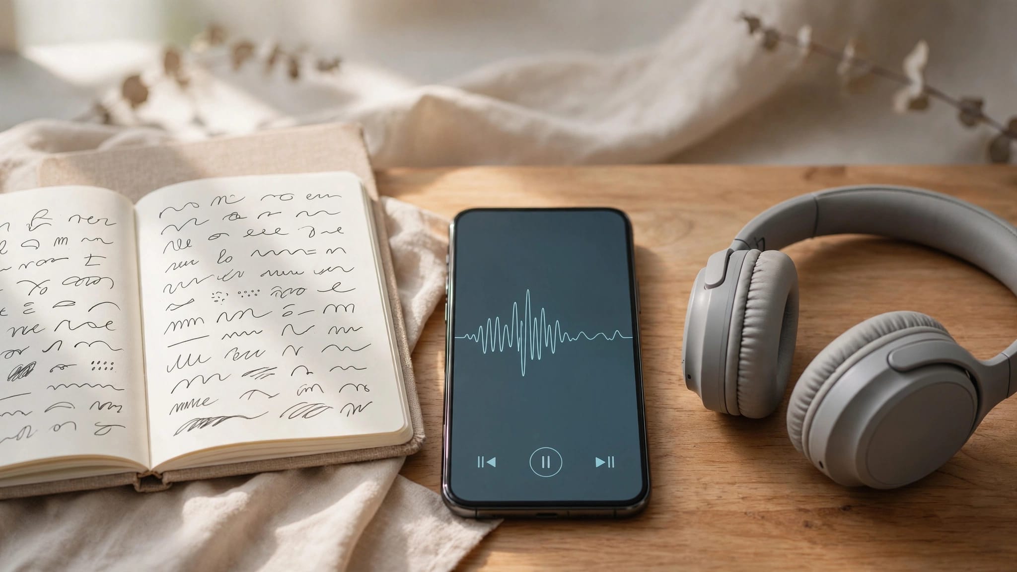 A notebook, smartphone with a waveform, and headphones arranged on a wooden desk.