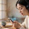 A headphone-wearing learner practices Japanese with audio on a smartphone.
