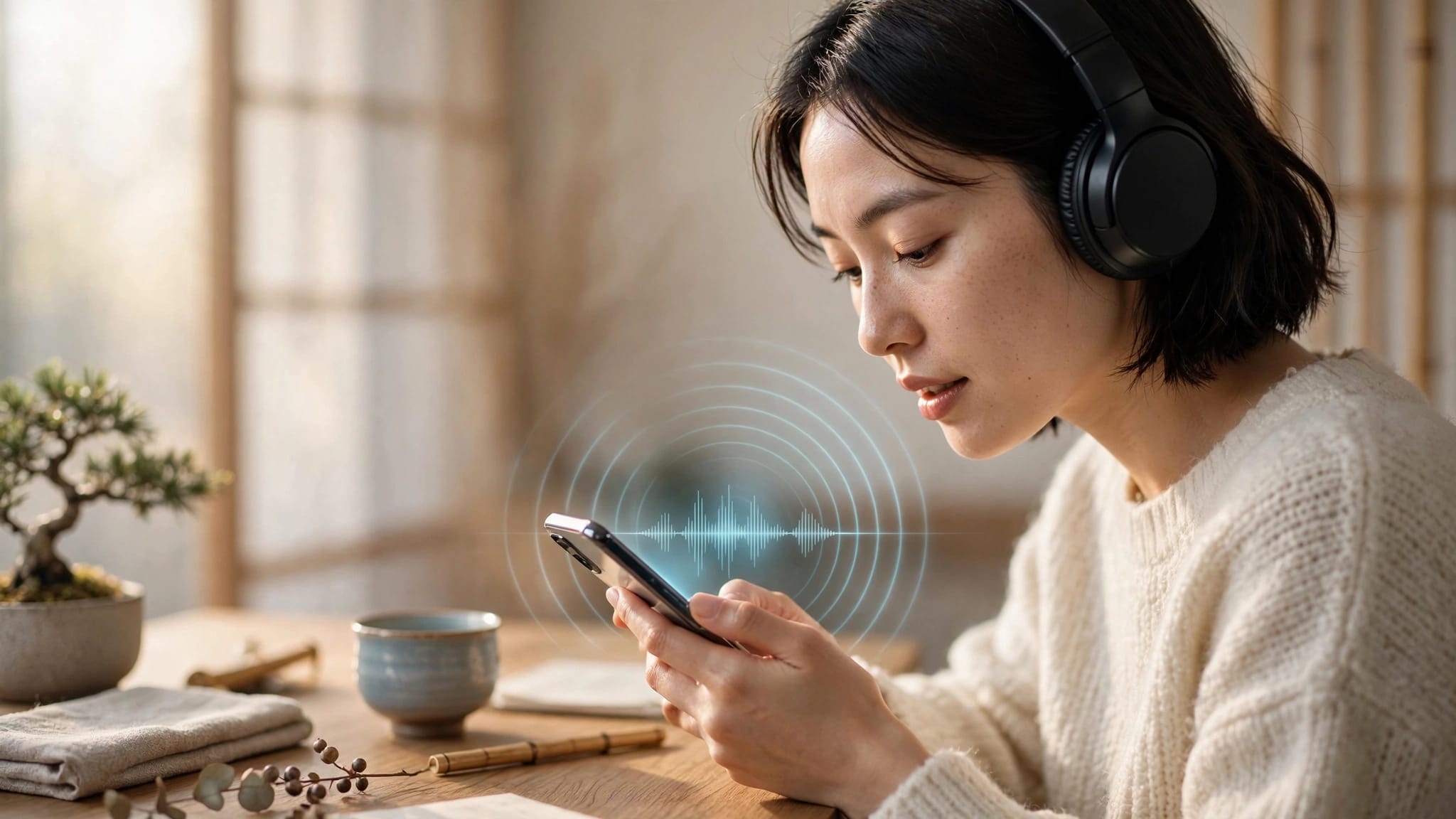 A headphone-wearing learner practices Japanese with audio on a smartphone.