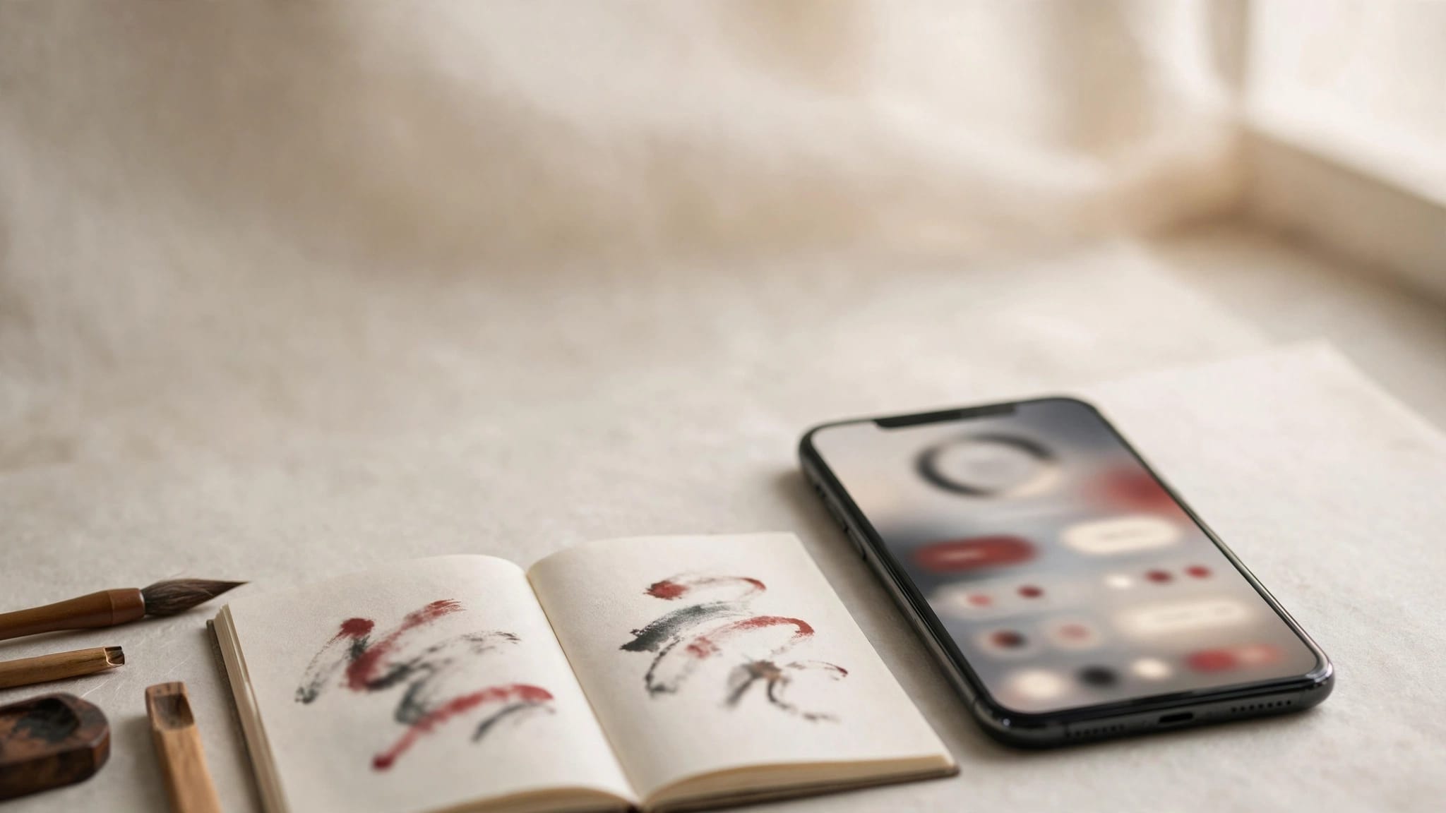A smartphone and Korean study notebook sit on a desk with wooden tools.