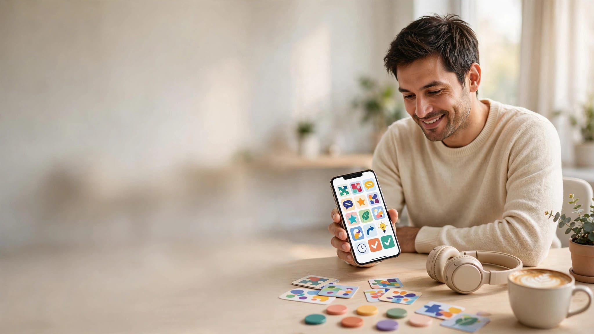 Adult using a smartphone at a bright desk with headphones, coffee, and colorful tokens.
