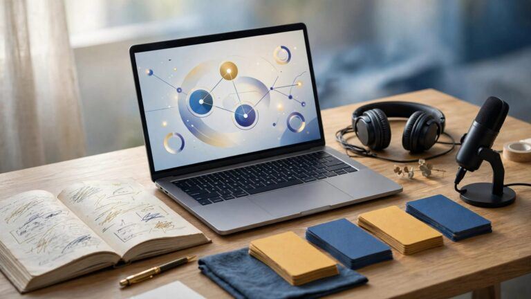Desk with a laptop, annotated pages, headphones, microphone, and vocabulary cards.