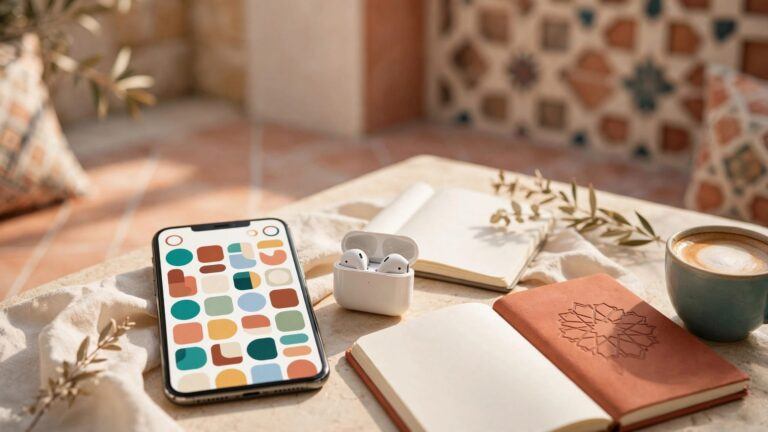 A smartphone, earbuds, blank notebook, and coffee cup sit on a sunny café table.