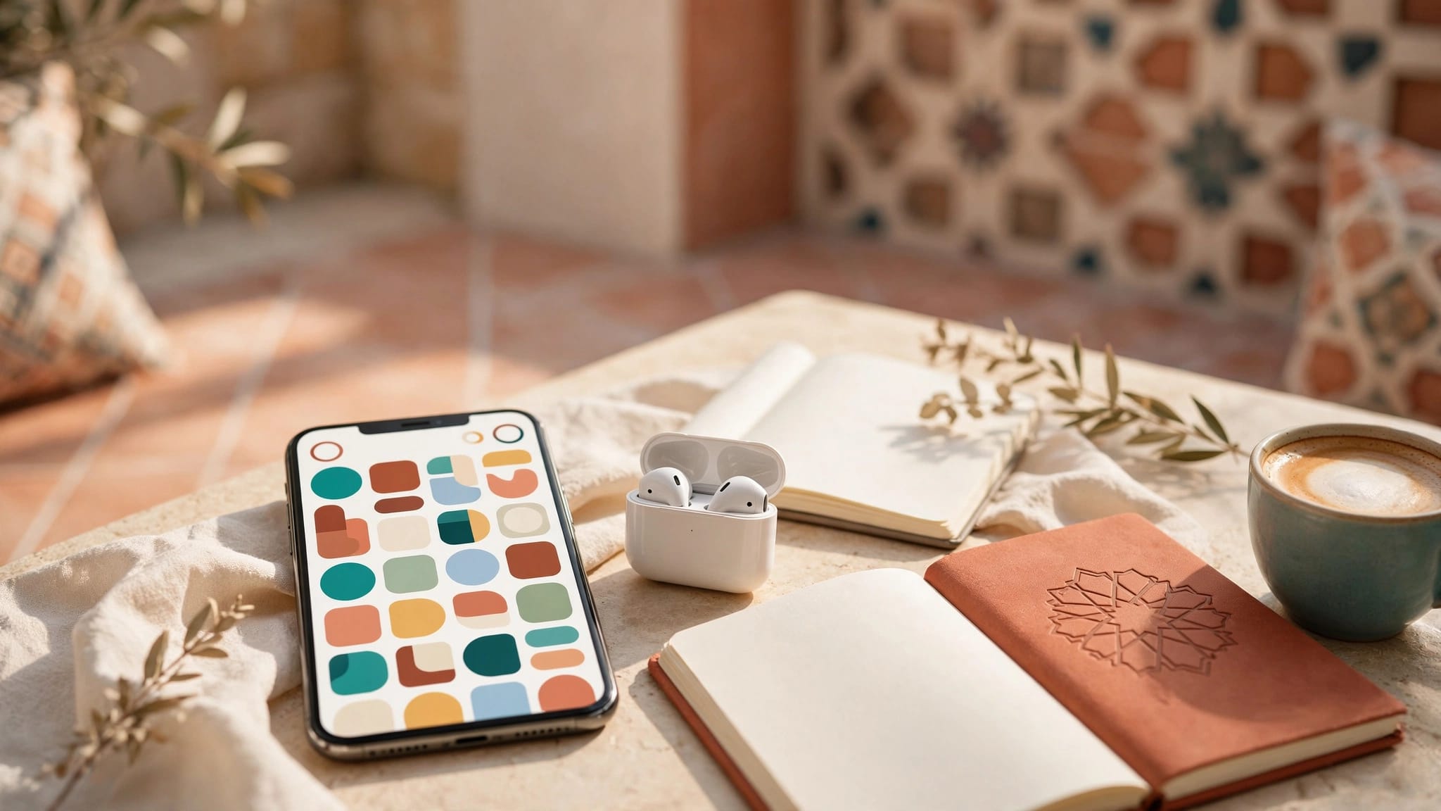 A smartphone, earbuds, blank notebook, and coffee cup sit on a sunny café table.