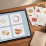 A tablet, symbol cards, headphones, and notebook arranged on a wooden desk.