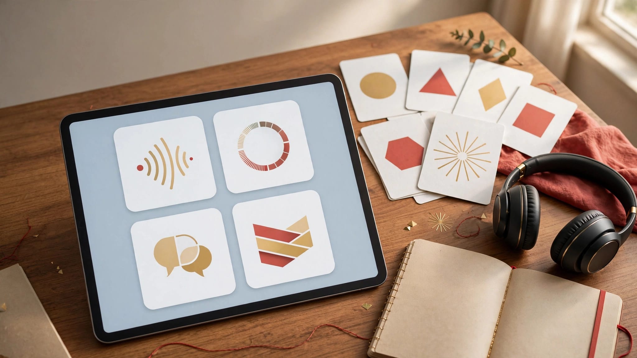 A tablet, symbol cards, headphones, and notebook arranged on a wooden desk.