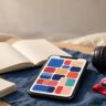 A smartphone, notebook, headphones, and flashcards arranged on a desk with Slovak colors.