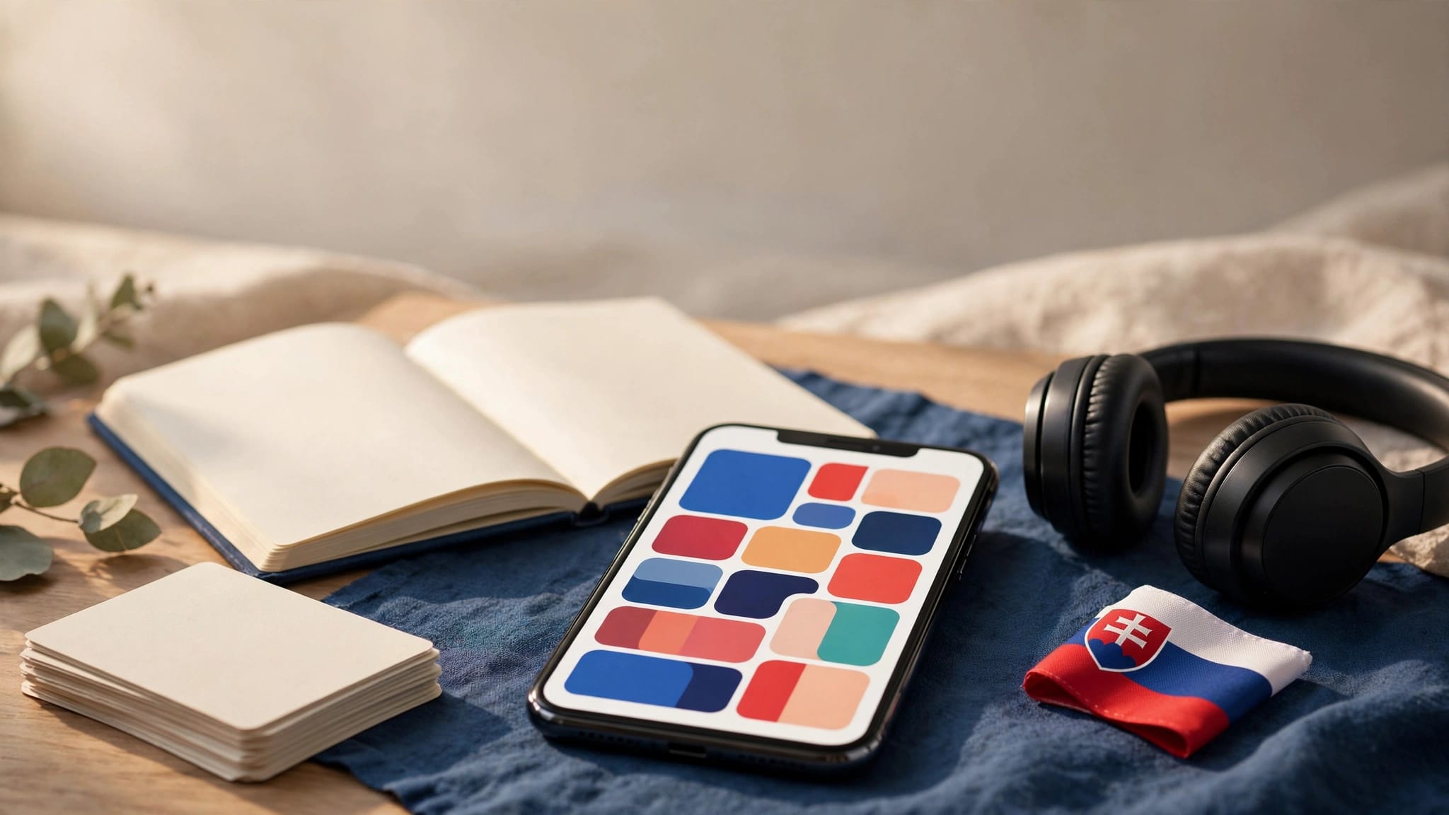 A smartphone, notebook, headphones, and flashcards arranged on a desk with Slovak colors.