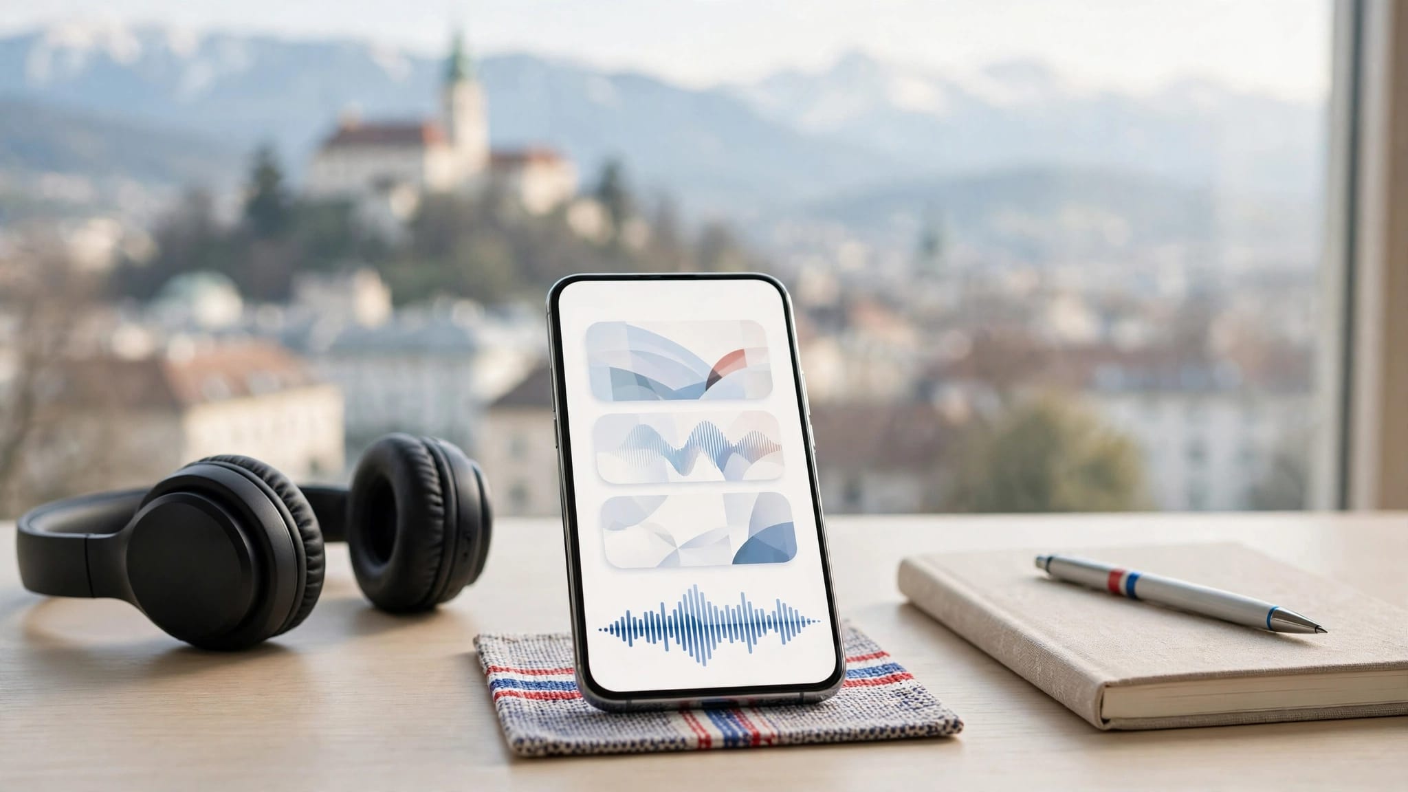 A smartphone language app beside headphones, a notebook, and pen near a window.