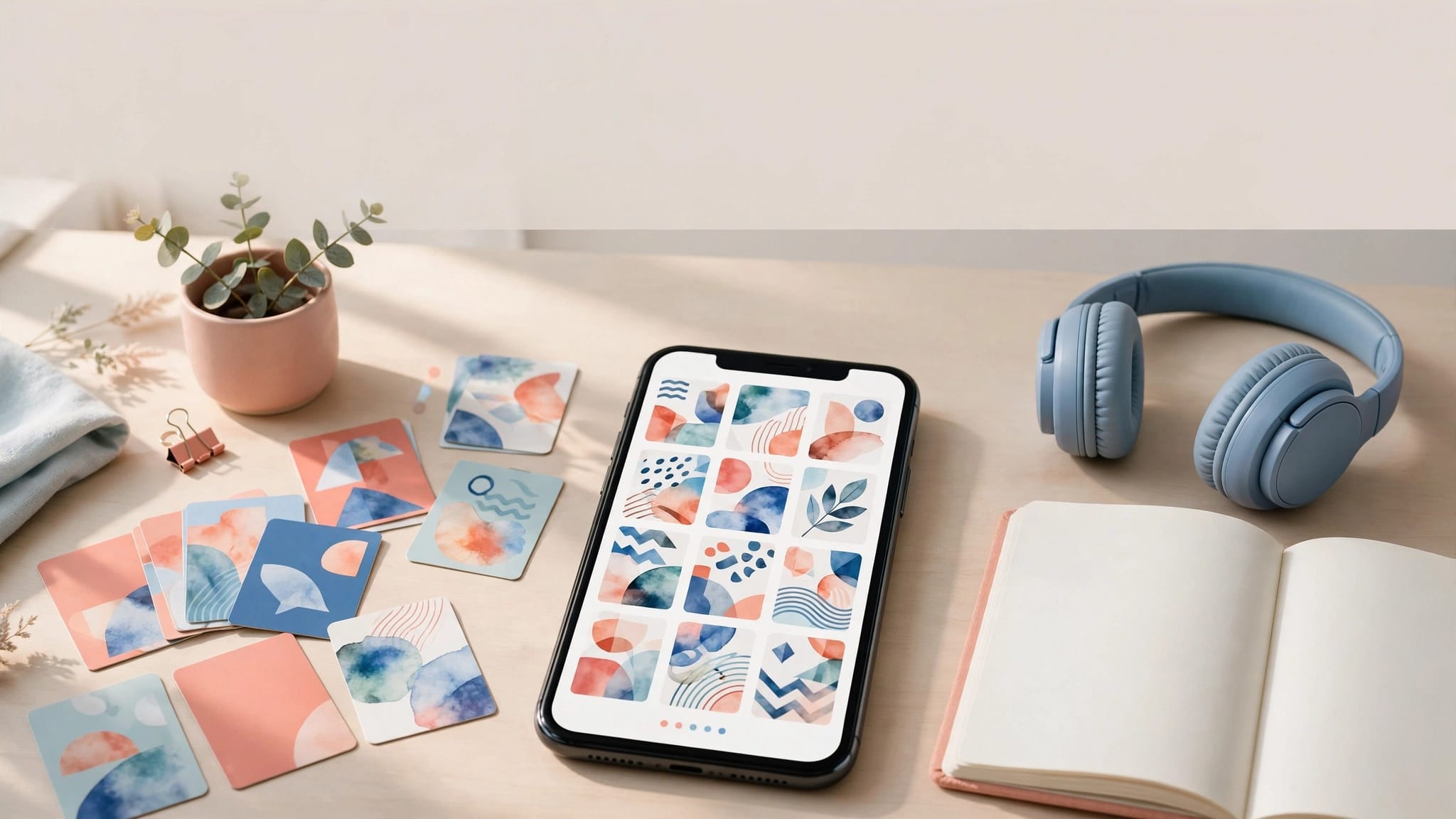 A smartphone with colorful flashcards beside study cards, headphones, and an open notebook.