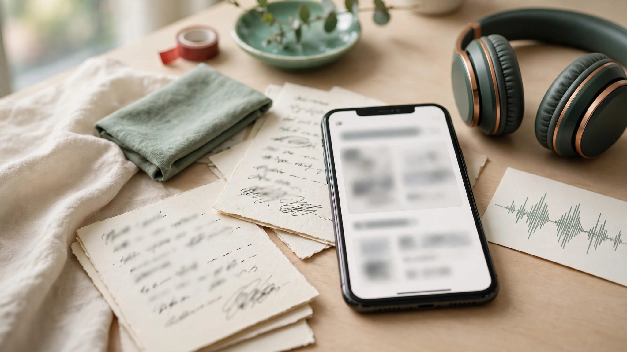 A smartphone, headphones, and handwritten study cards sit on a warm-toned desk.
